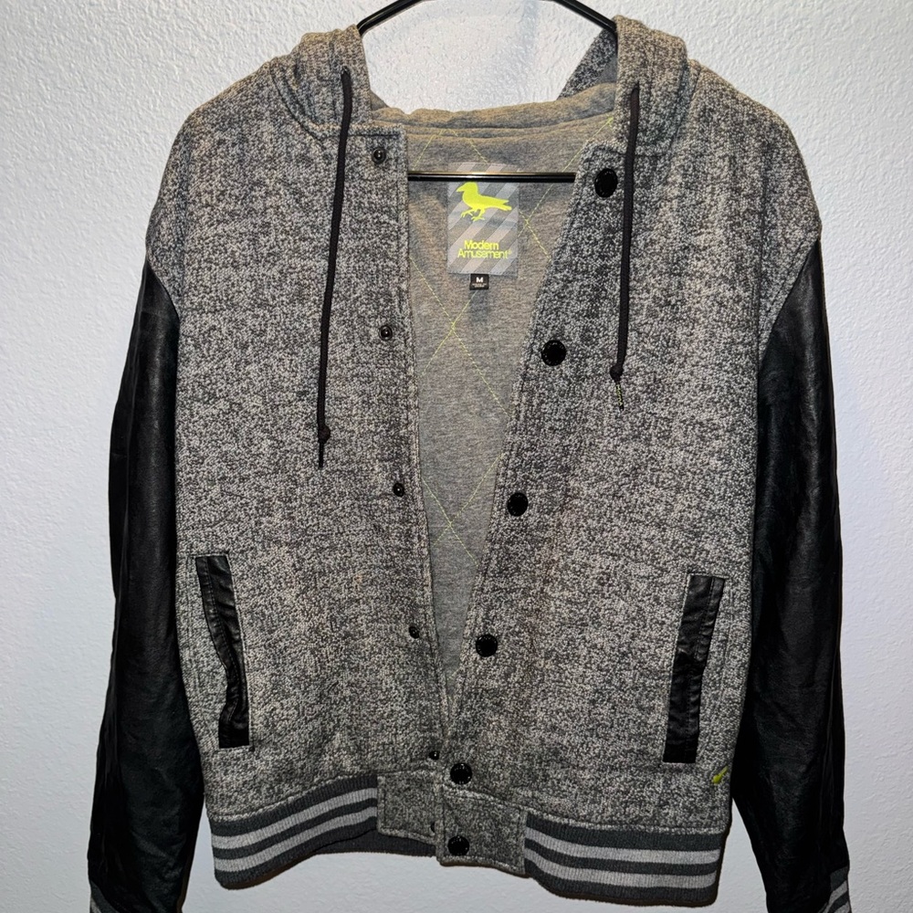 Modern Amusement Gray Heather Hooded Varsity Jacket with Black Sleeves